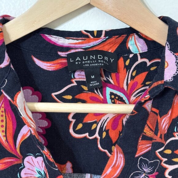 Laundry by Shelli Segal Linen Black Floral Button Down Cropped Shirt Tropical - Picture 2 of 8